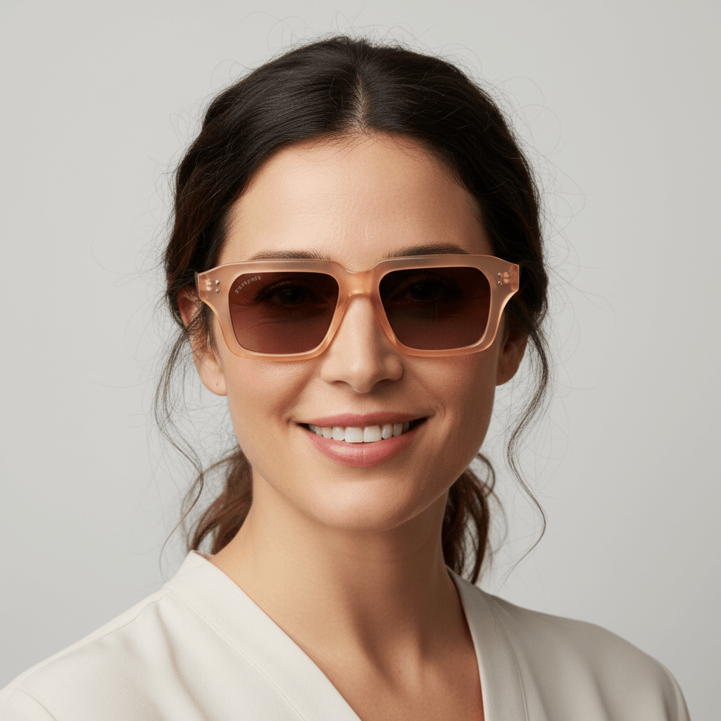 La front view a modelo women round face cuadrada wearing unos eyeglasses sunglasses polarized recycled plastic sustainable personalizada for corporate gift de Bonoboss #color_champagne