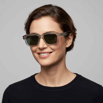 la vista lateral de una modelo mujer de cara redonda unos anteojos gafas de sol polarizadas de plastico reciclado sustentable personalizada para regalo corporativo de #color_g15