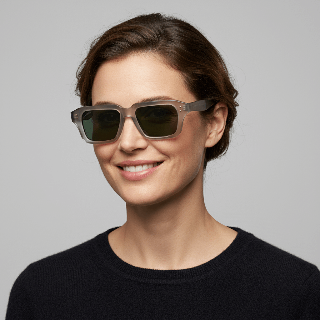 La side view a modelo women round face unos eyeglasses sunglasses polarized recycled plastic sustainable personalizada for corporate gift de Bonoboss #color_g15