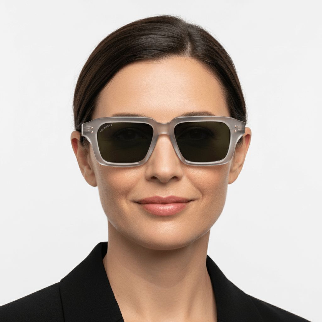 La front view a modelo women round face unos eyeglasses sunglasses polarized recycled plastic sustainable personalizada for corporate gift de Bonoboss #color_g15