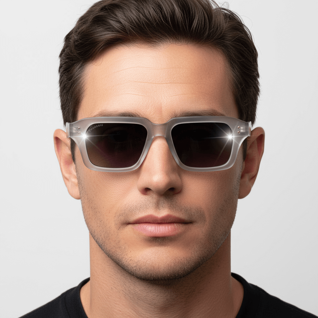 la vista frontal de un modelo hombre de forma de cara redonda usando unos anteojos gafas de sol polarizadas de plastico reciclado sustentable personalizada para regalo corporativo de #color_gray