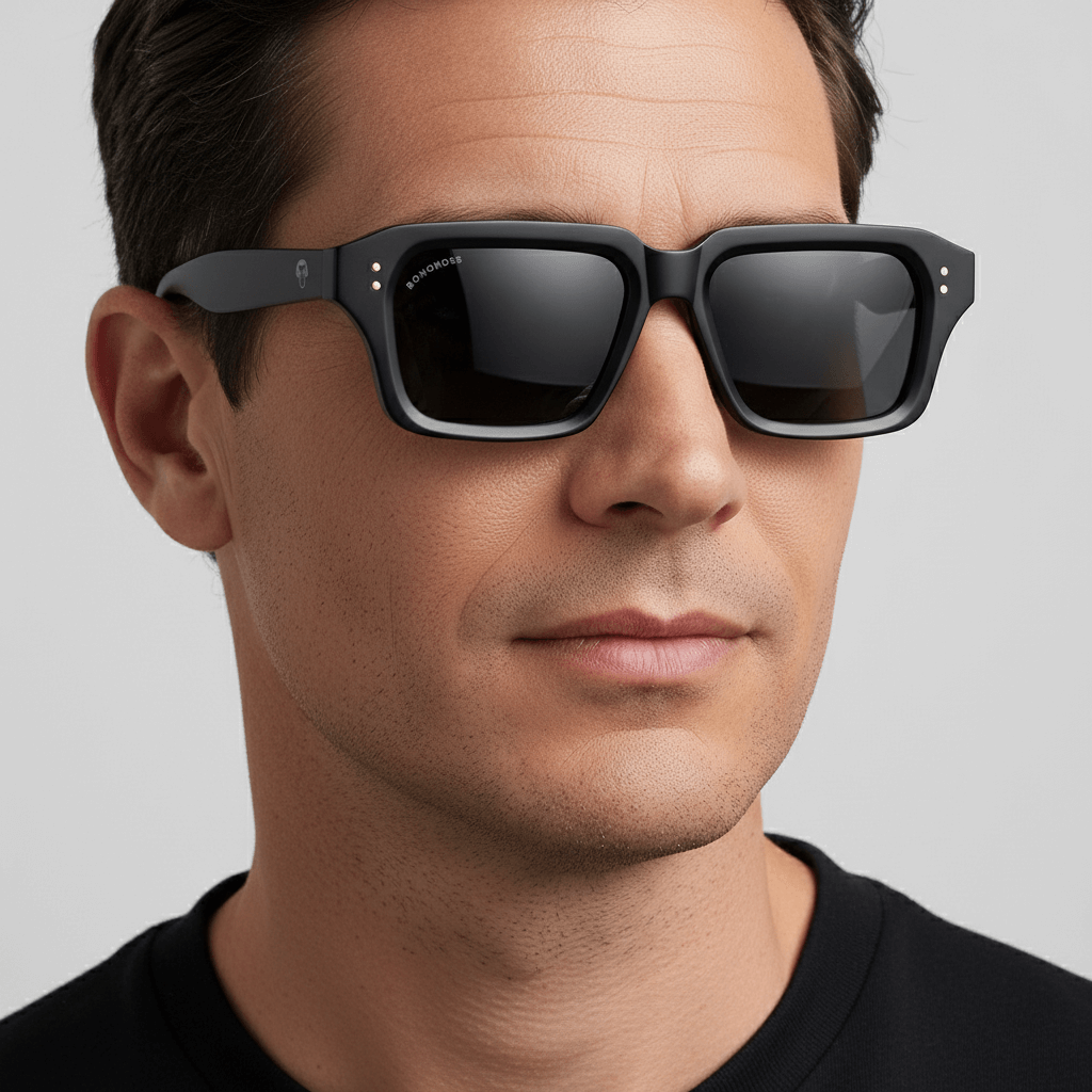 la lateral de un modelo hombre de cara ovalada usando unos anteojos gafas de sol polarizadas de plastico reciclado sustentable personalizada para regalo corporativo de #color_dark