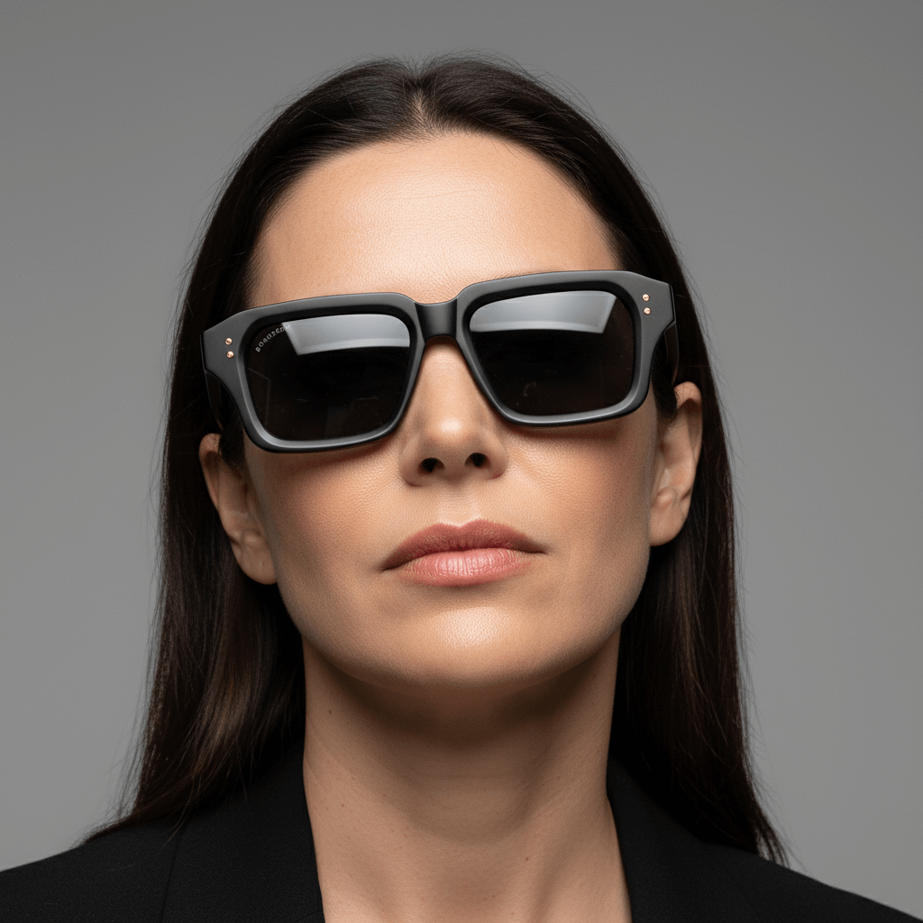 La front view a modelo women round face wearing unos eyeglasses sunglasses polarized recycled plastic sustainable personalizada for corporate gift de Bonoboss #color_dark