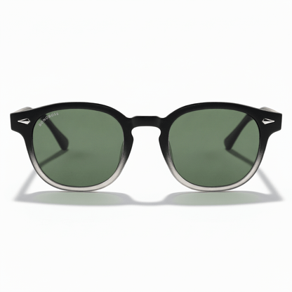 la vista frontal de unos anteojos de sol polarizados de forma redondeada hechos con plastico reciclado personalizado para regalo corporativo de #color_g15