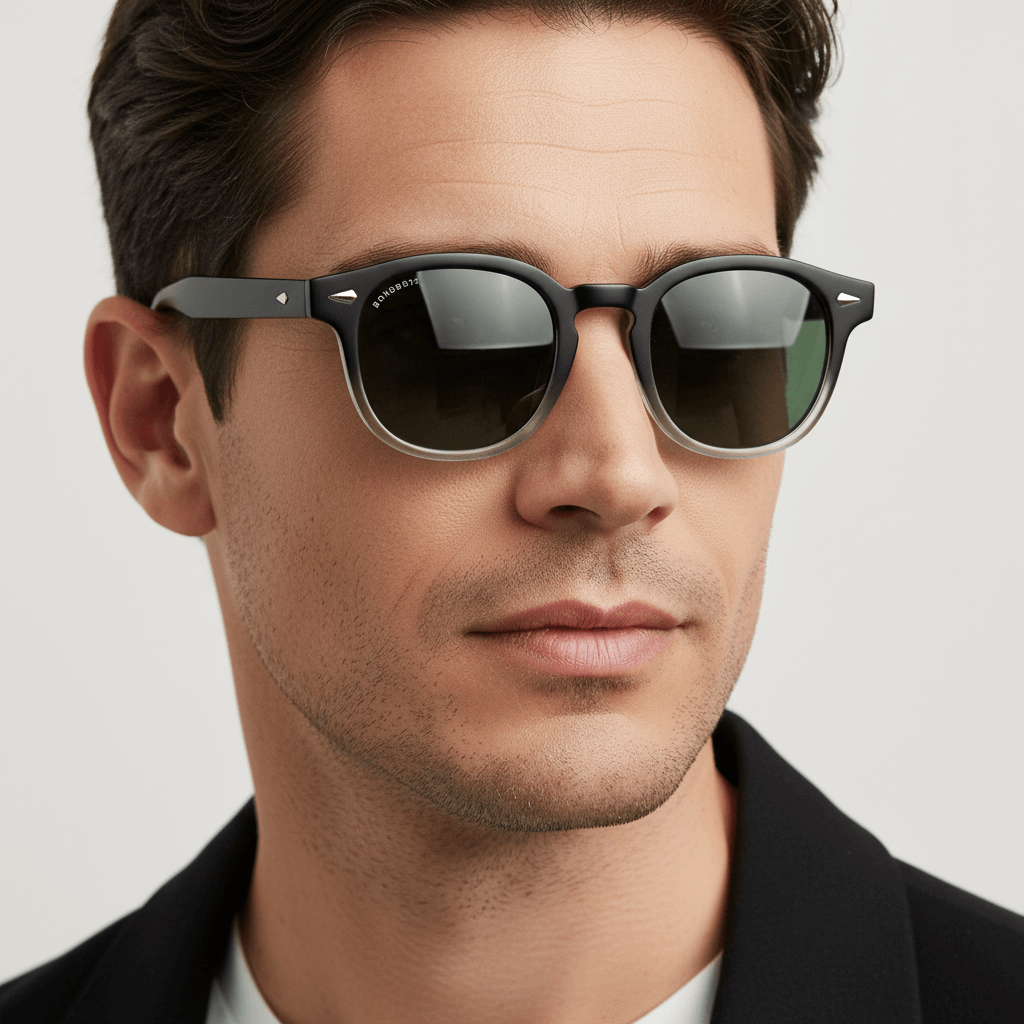 la vista lateral de un modelo hombre usando unos anteojos de sol polarizados de forma redondeada hechos con plastico reciclado personalizado para regalo corporativo de #color_g15