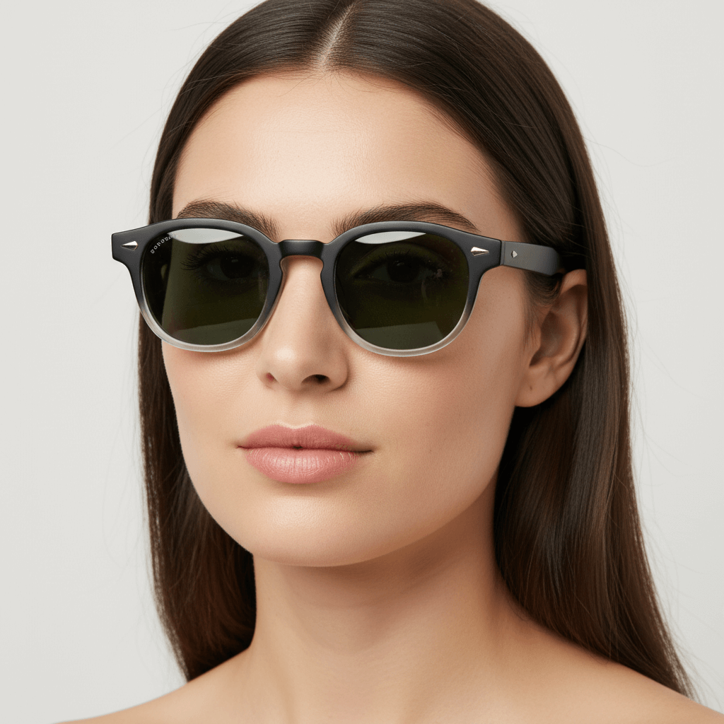 La side view women wearing unos sunglasses polarized forma redondeada hechos with recycled plastic personalizado for corporate gift de Bonoboss #color_g15