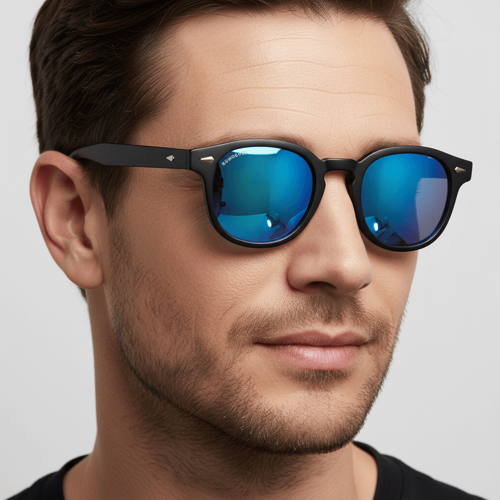 La side view a modelo men wearing unos sunglasses mirroreds polarized forma redondeada hechos with recycled plastic personalizado for corporate gift de Bonoboss #color_espejado-azul