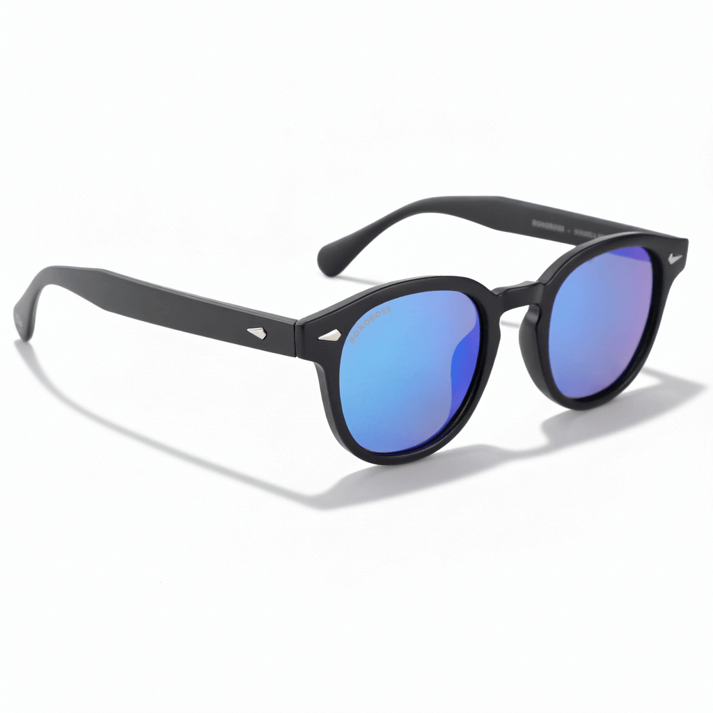 La side view unos sunglasses mirroreds polarized forma redondeada hechos with recycled plastic personalizado for corporate gift de Bonoboss #color_espejado-azul