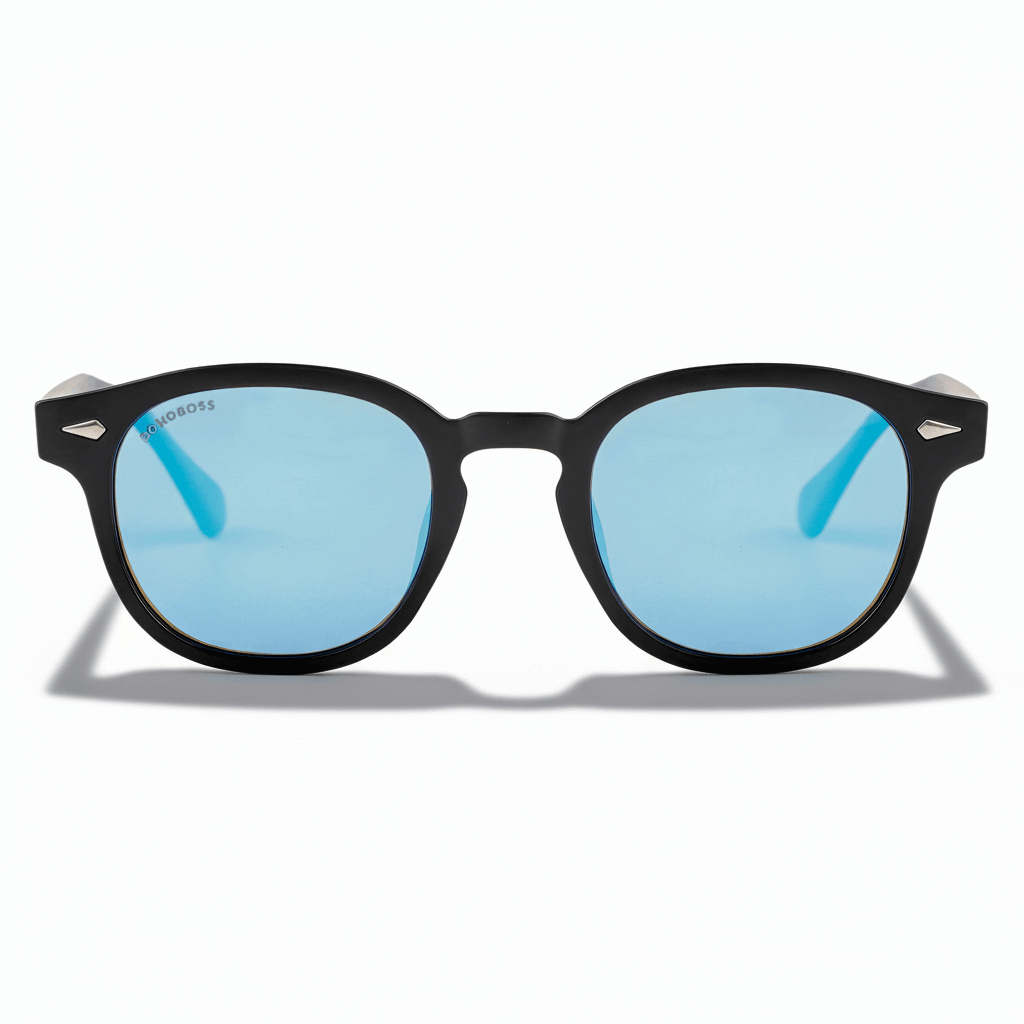 La front view unos sunglasses mirroreds polarized forma redondeada hechos with recycled plastic personalizado for corporate gift de Bonoboss #color_espejado-azul