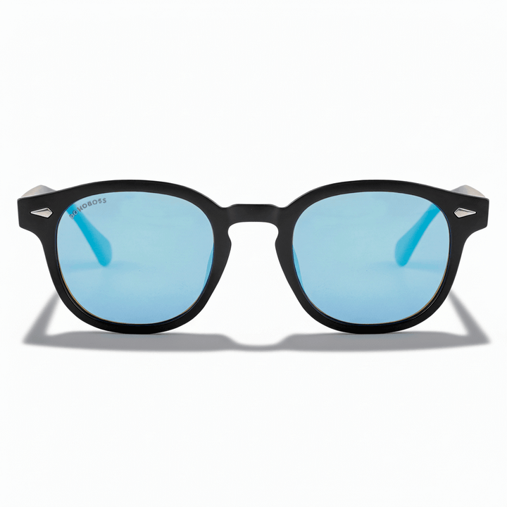 La front view unos sunglasses mirroreds polarized forma redondeada hechos with recycled plastic personalizado for corporate gift de Bonoboss #color_espejado-azul