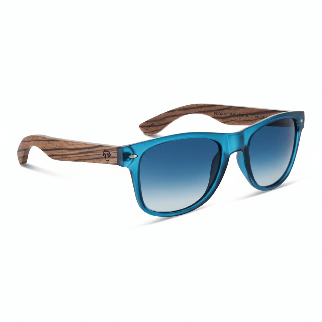 Sunglasses polarized recycled plastic corporate gift blue and lenses polarized color gradient blue angled view with wooden temples natural front Bonoboss #color_ocean