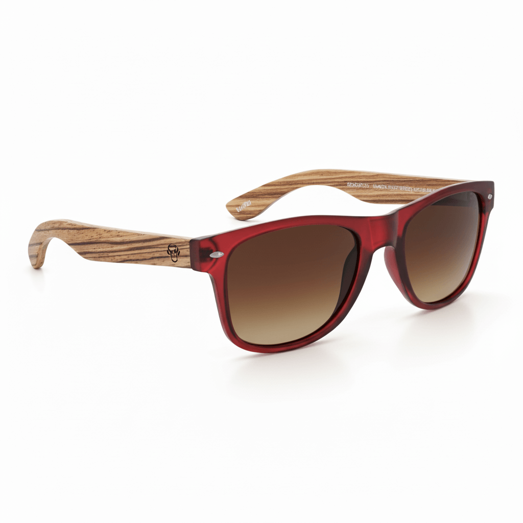 Sunglasses polarized recycled plastic corporate gift red and lenses polarized color gradient brown angled view with wooden temples natural front Bonoboss #color_wine