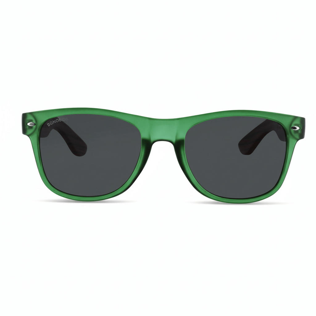 Sunglasses polarized recycled plastic corporate gift green and lenses polarized black angled view with wooden temples natural front Bonoboss #color_forest