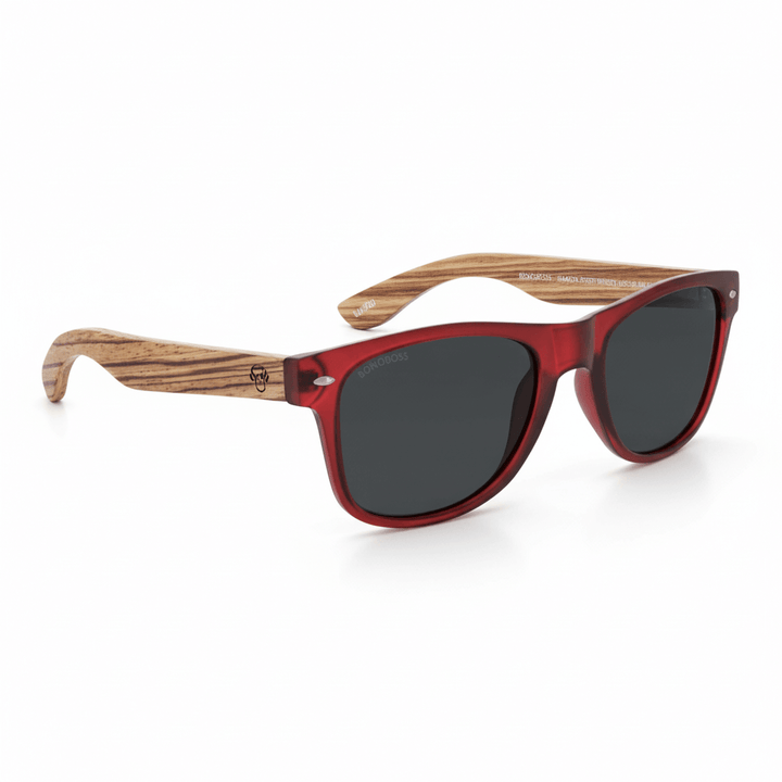 Sunglasses polarized recycled plastic corporate gift red and lenses polarized black angled view with wooden temples natural front Bonoboss #color_wine