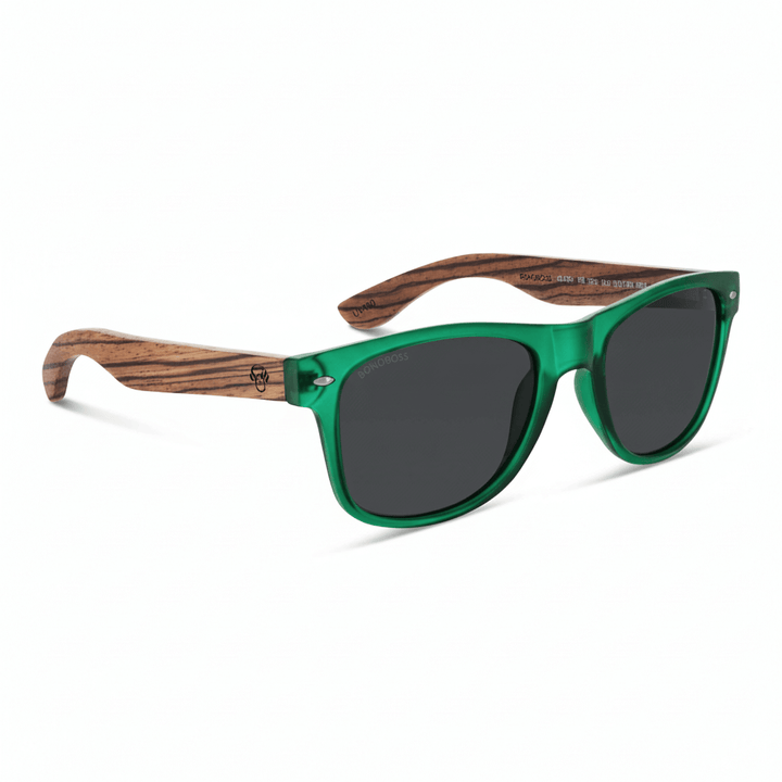 Sunglasses polarized recycled plastic corporate gift green and lenses polarized black front view Bonoboss #color_forest