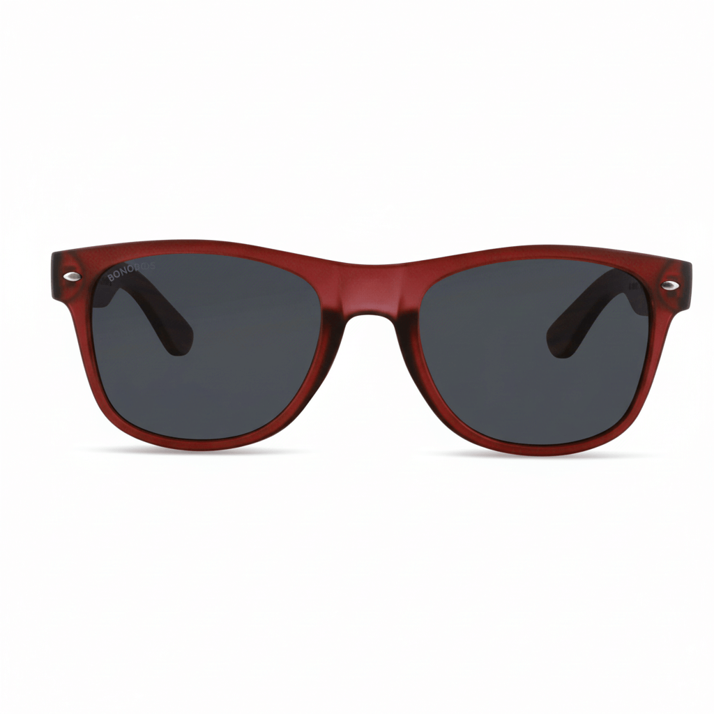 Sunglasses polarized recycled plastic corporate gift red and lenses polarized black front view Bonoboss #color_wine