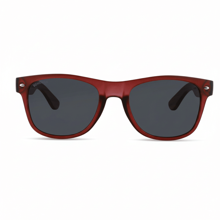 Sunglasses polarized recycled plastic corporate gift red and lenses polarized black front view Bonoboss #color_wine