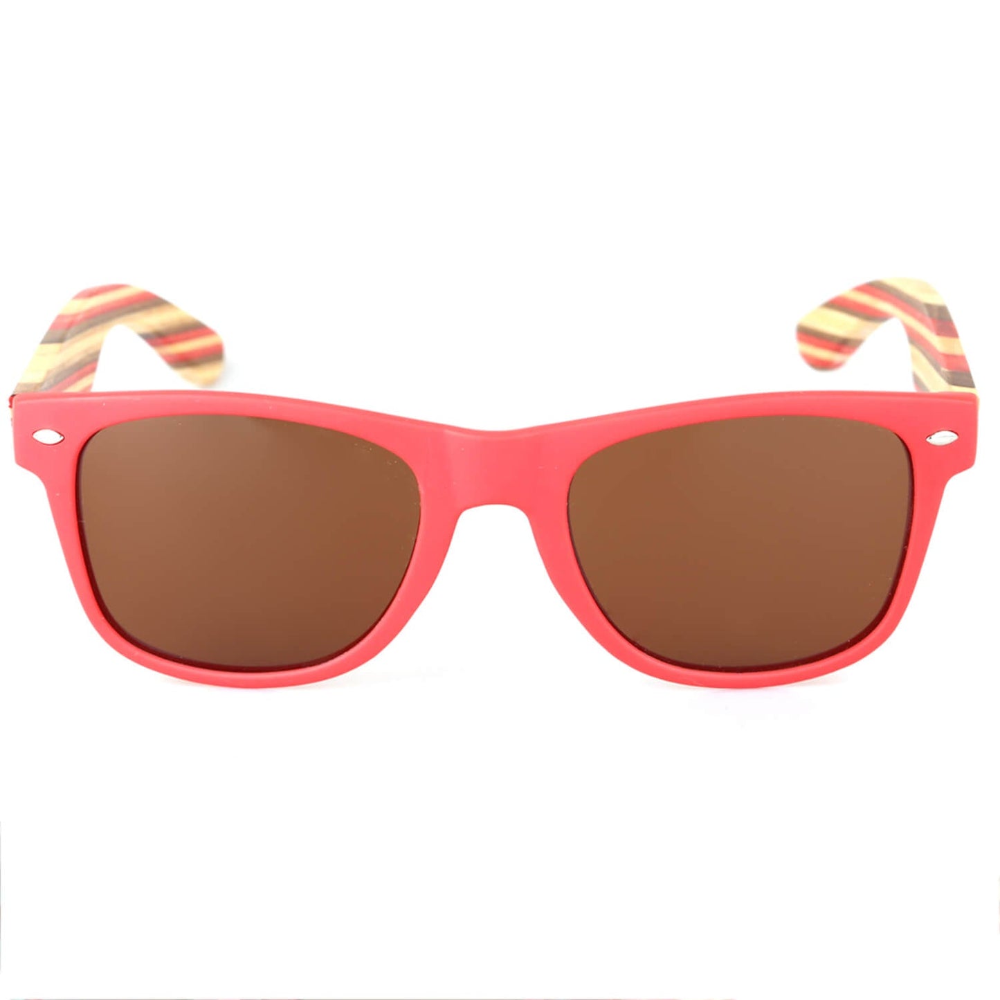 anteojos de sol de plastico reciclado de color rosado con lentes cafe y patas de madera natural reciclada #color-marco_rosado