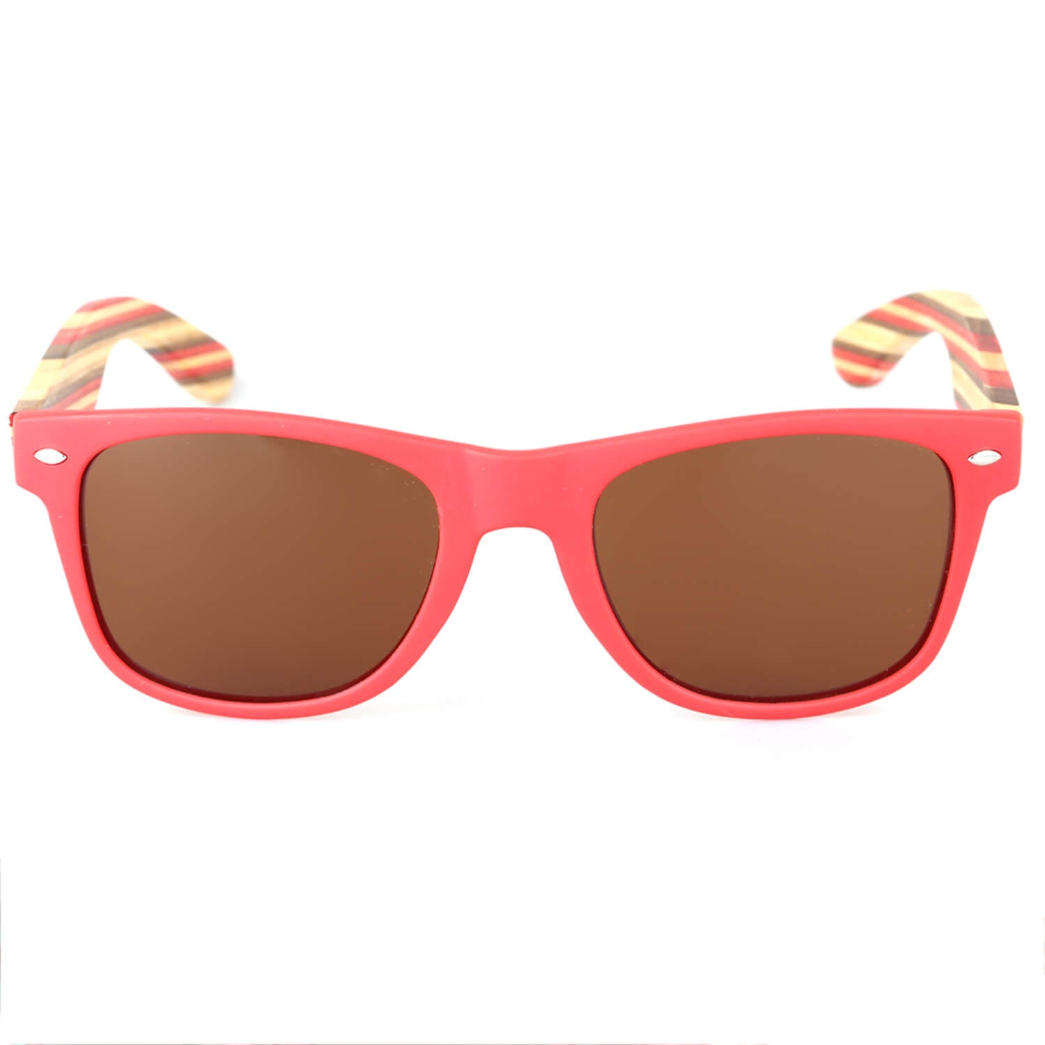 anteojos de sol de plastico reciclado de color rosado con lentes cafe y patas de madera natural reciclada #color-marco_rosado