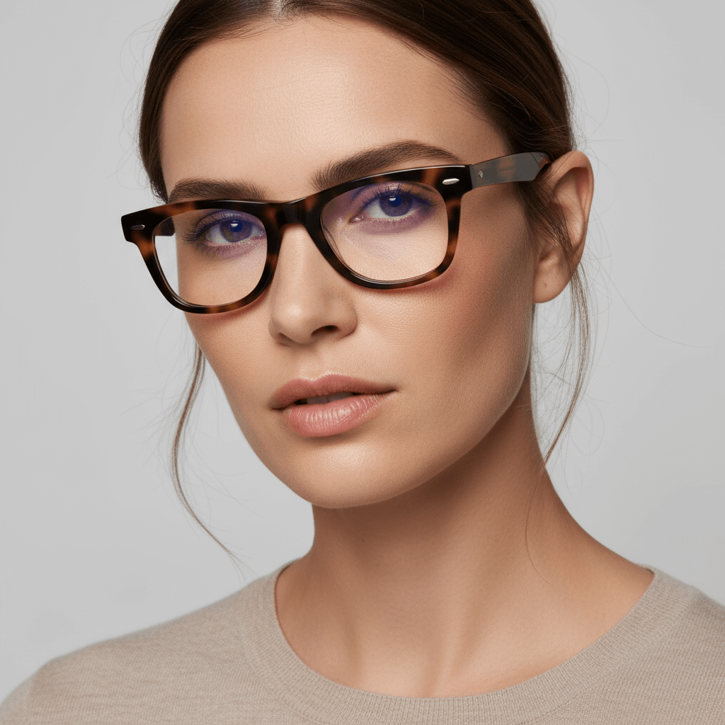 La side view a modelo women round face wearing marcos eyeglasses optical bonoboss sustainables in acetate biodegradable de #color_carey