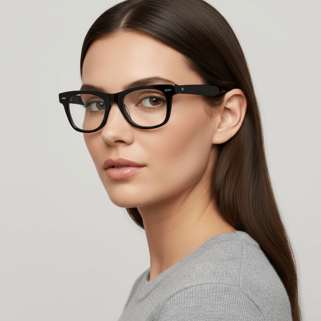 La side view a modelo women round face and pelo suelto wearing marcos eyeglasses optical bonoboss sustainables in acetate biodegradable de #color_negro