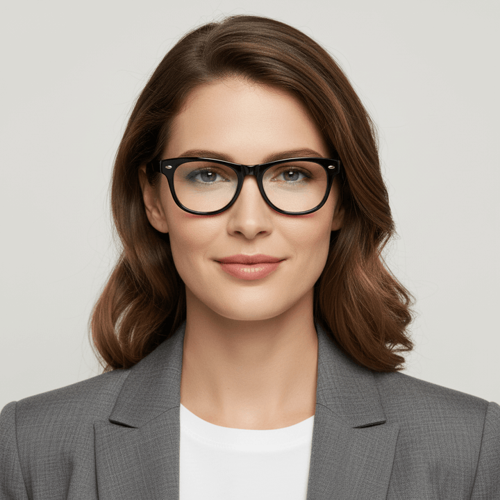 La front view a modelo women cara ovalada and pelo ondulado suelto wearing frames optical frames clasicos wayfarer bonoboss de #color_negro