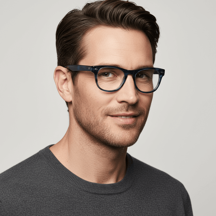 La side view a men cara ovalada wearing frames optical frames clasicos wayfarer bonoboss de #color_azul