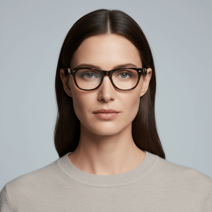 La front view a modelo women cara ovalada wearing frames optical frames clasicos wayfarer bonoboss de #color_carey
