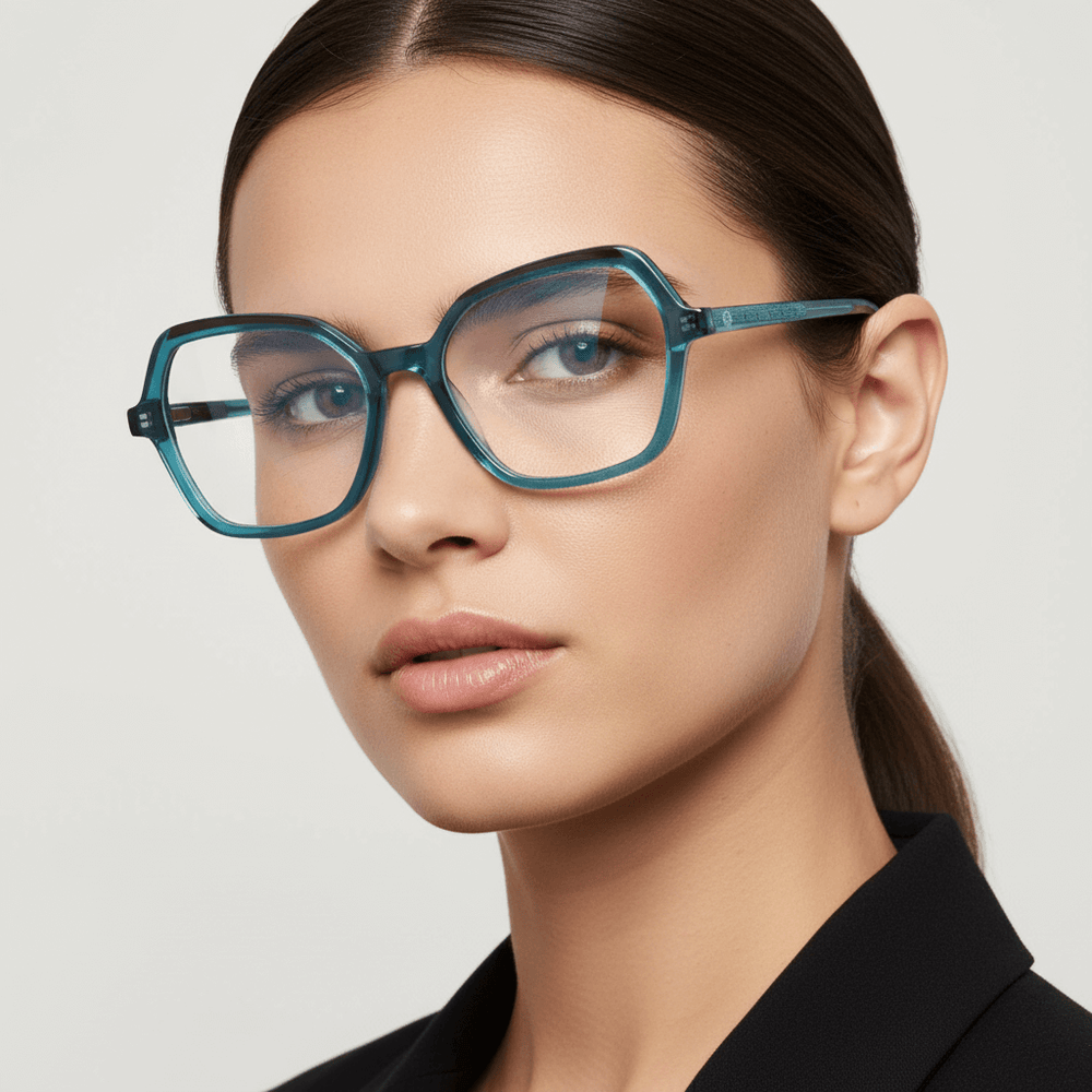 La side view a women round face wearing frames optical frames prescription and tratamiento anti-reflective forma cuadrada rectangular bonoboss in sustainable acetate recycled de #color_calipso