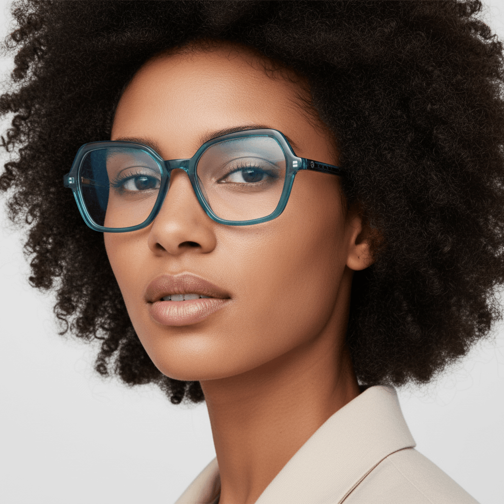 La side view a women afroamericana wearing frames optical frames prescription and tratamiento anti-reflective forma cuadrada rectangular bonoboss in sustainable acetate recycled de #color_calipso