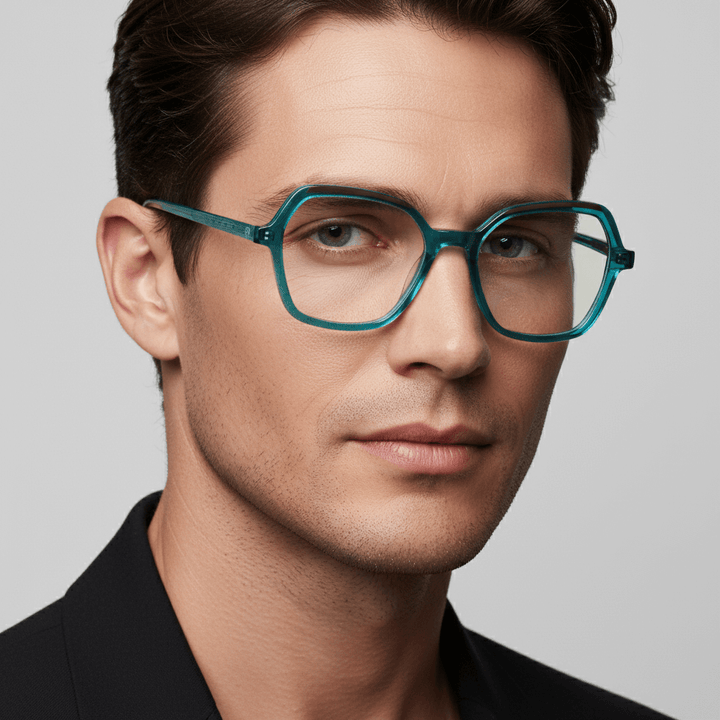 La side view a men wearing frames optical frames prescription and tratamiento anti-reflective forma cuadrada rectangular bonoboss in sustainable acetate recycled de #color_calipso