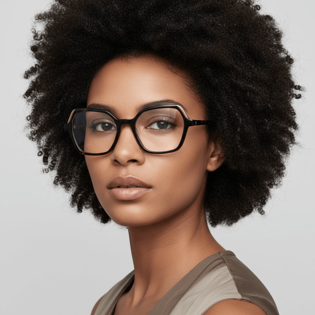 La side view a women afroamericana wearing frames optical frames prescription and tratamiento anti-reflective forma cuadrada rectangular bonoboss in sustainable acetate recycled de #color_carey