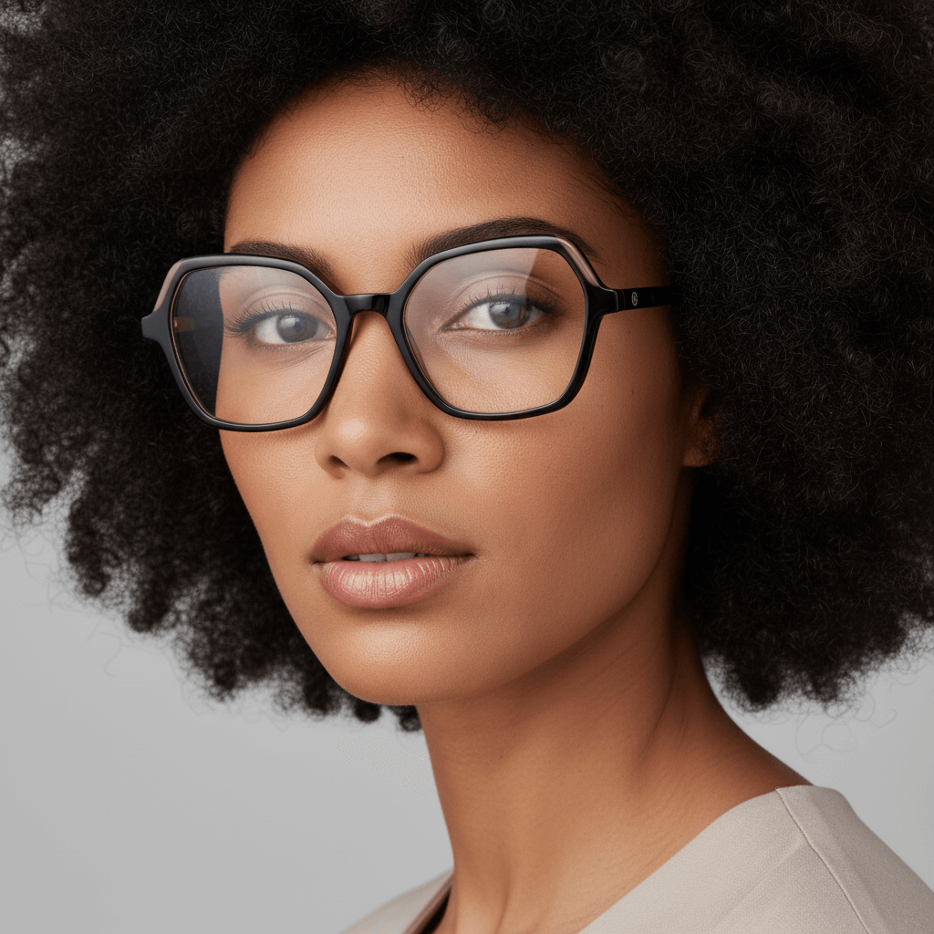 La side view 45º a women afroamericana wearing frames optical frames prescription and tratamiento anti-reflective forma cuadrada rectangular bonoboss in sustainable acetate recycled de #color_carey
