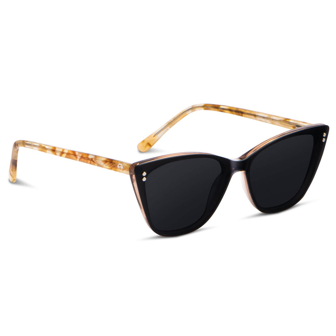 Eyeglasses optical agate pattern women color damasco with temples amarillas angled view with sun clip-on polarized or iman or polarized clip-on Bonoboss #color_damasco
