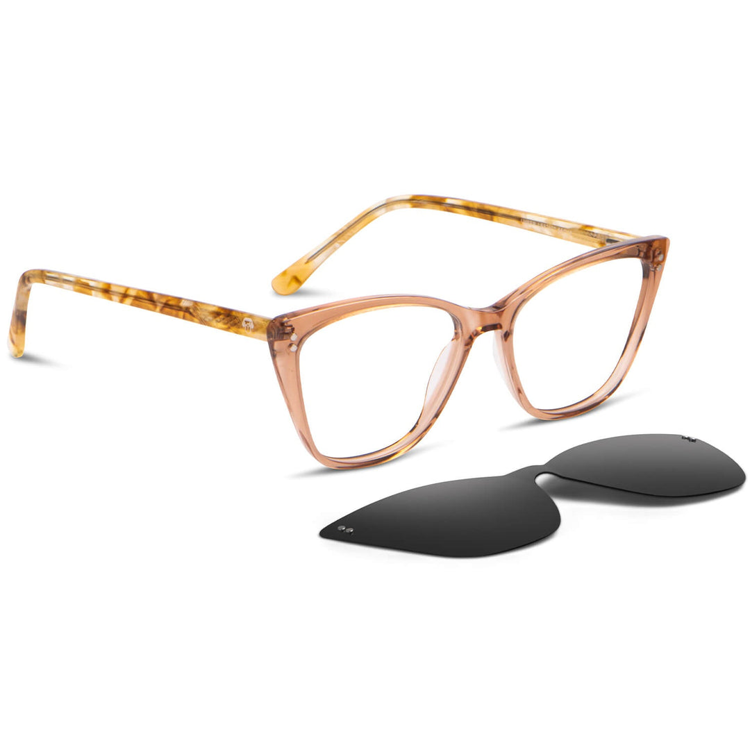 Eyeglasses optical agate pattern women color damasco with temples amarillas angled view with sun clip-on polarized or iman or polarized clip-on at the parte bottom Bonoboss #color_damasco
