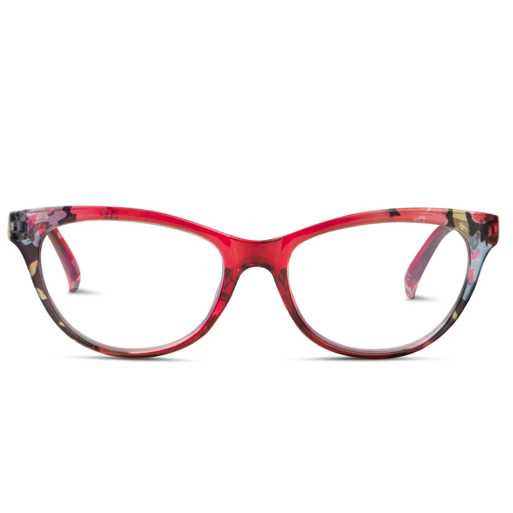 anteojos o lentes de lectura agatados de color rojo floreado para mujer de cara redonda grande vista frontal