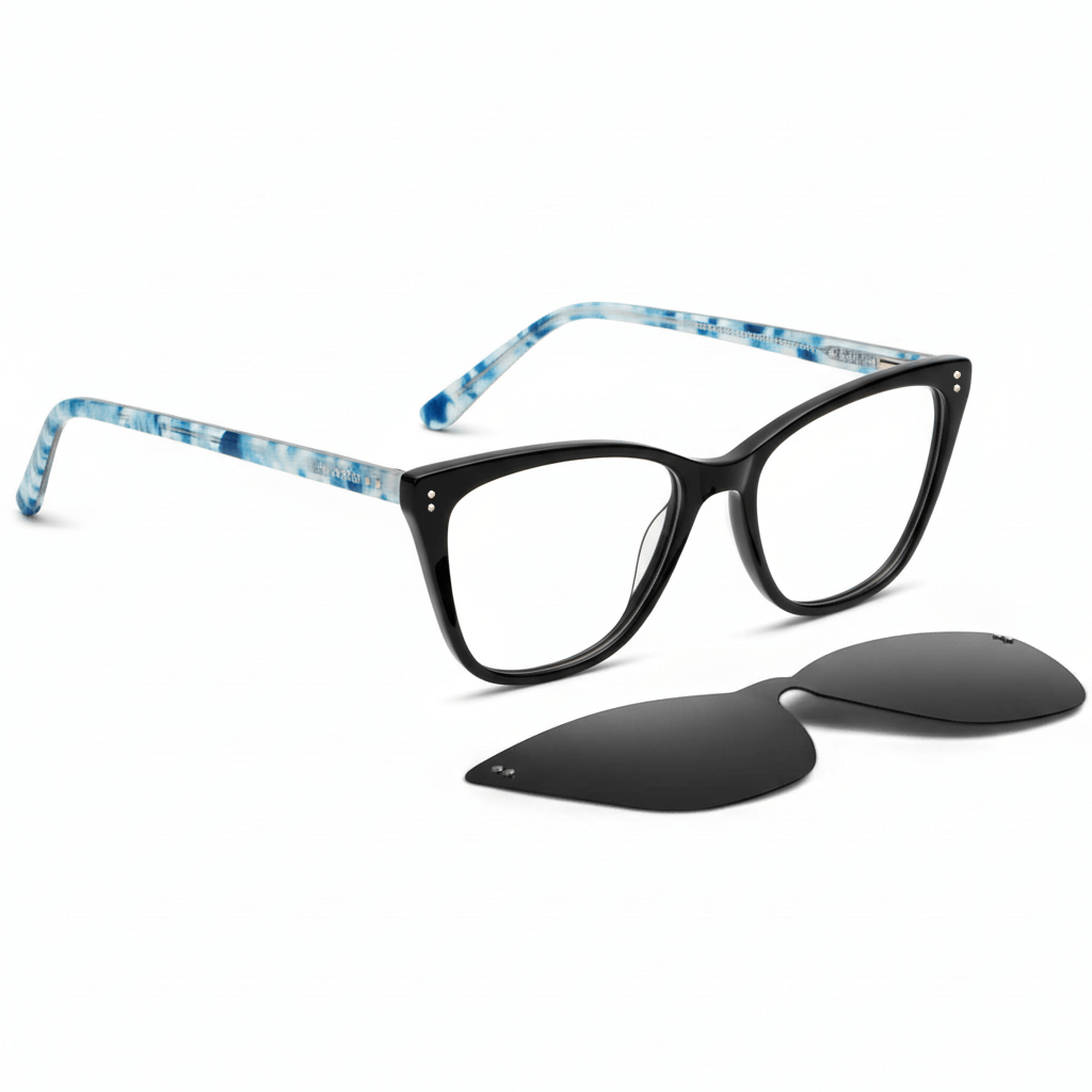 Eyeglasses optical agate pattern women with sun clip-on polarized with clip-on overlay prescription lenses front Bonoboss #color_black