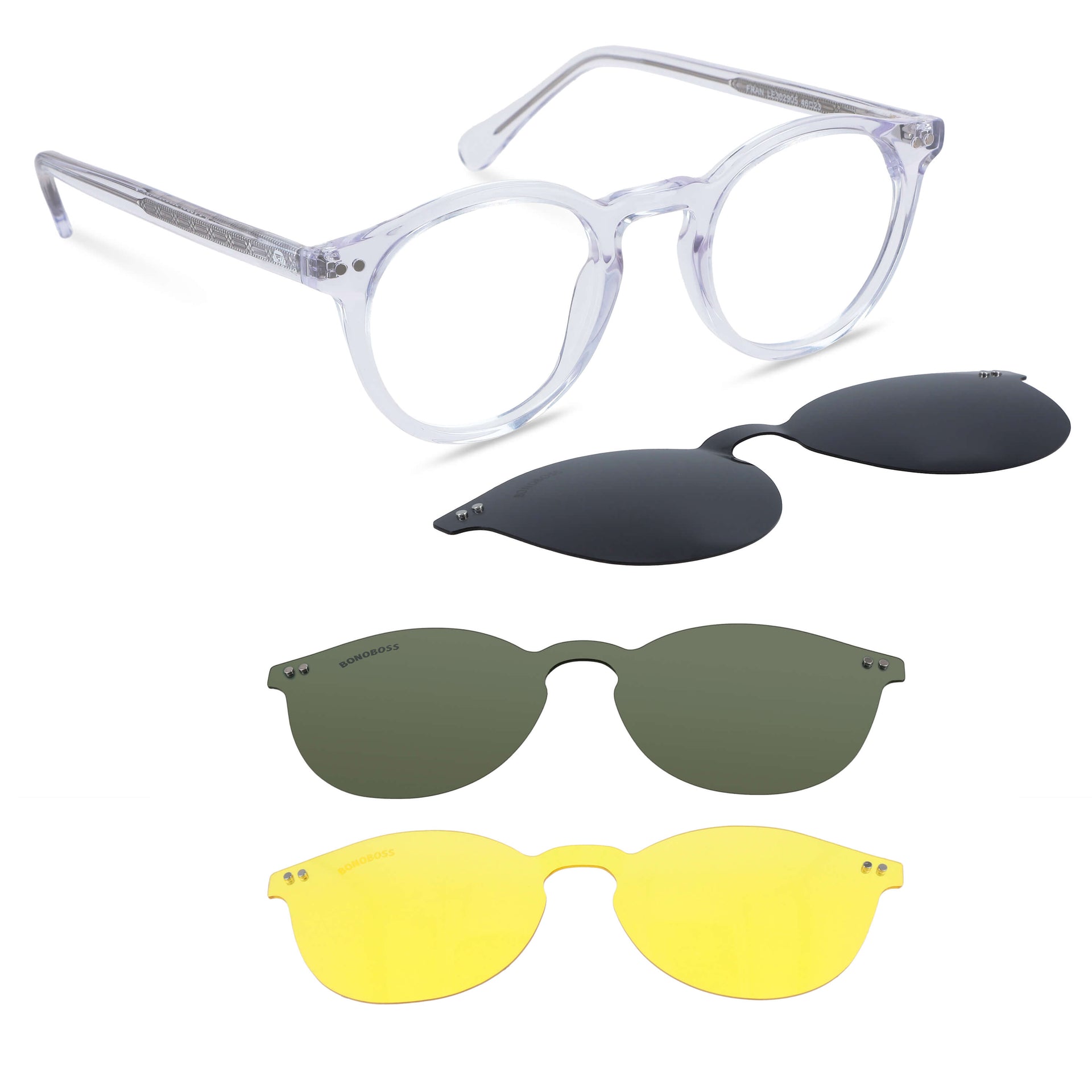 marcos opticos redondos con sobre lente clip sol iman polarizado para hombre y mujer de color transparente vista angulada#color_transparente