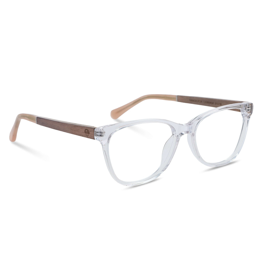 Eyeglasses optical agate pattern clear moda for women round face. wooden temples natural sustainable wooden nogal Bonoboss #color_transparente