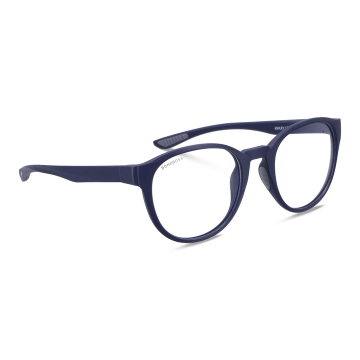 Una angled view eyeglasses marcos blue round larges hechos acetate biodegradable sustainable blue marca bonoboss a distribuidora optical wholesale por mayor #color_azul