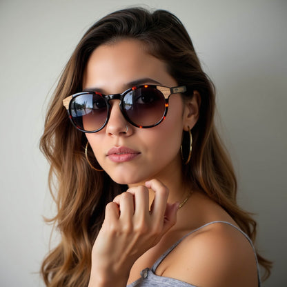 lentes de sol polarizados para hombre y mujerovalados de color carey con patas de madera natural sustentable. Marco de plastico reciclado con lentes polarizadas#color_carey