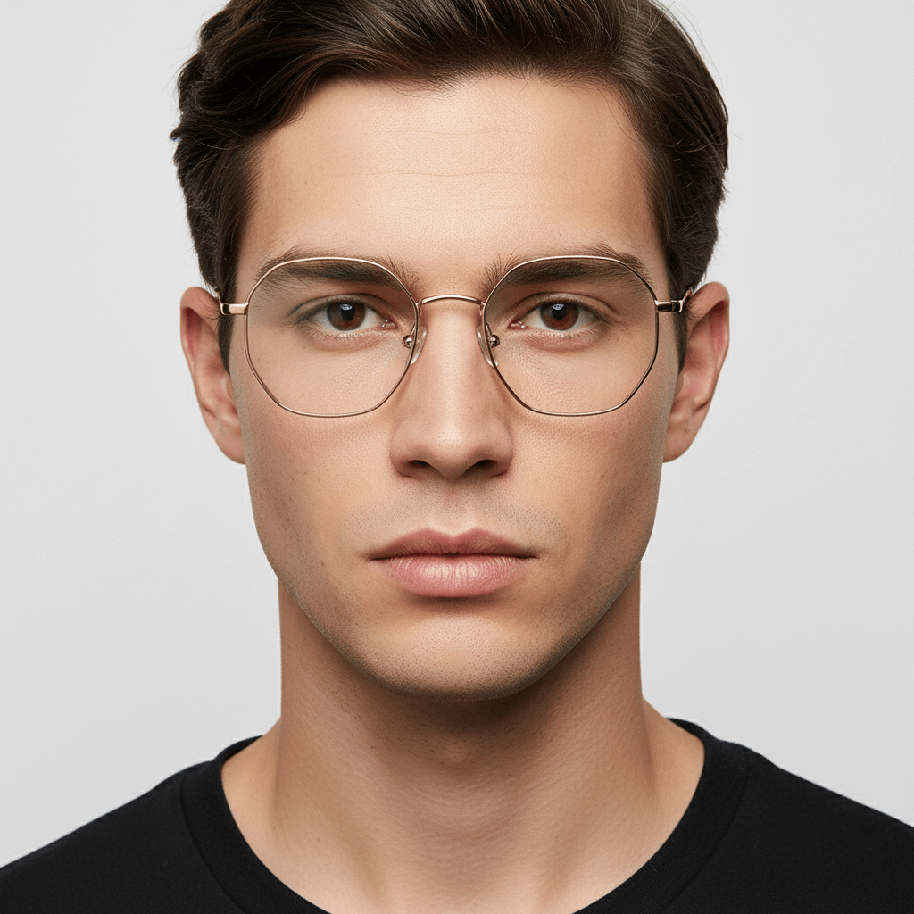 Un men round face wearing lenses optical geometricos metalicos stainless steel sustainable Bonoboss #color_gold