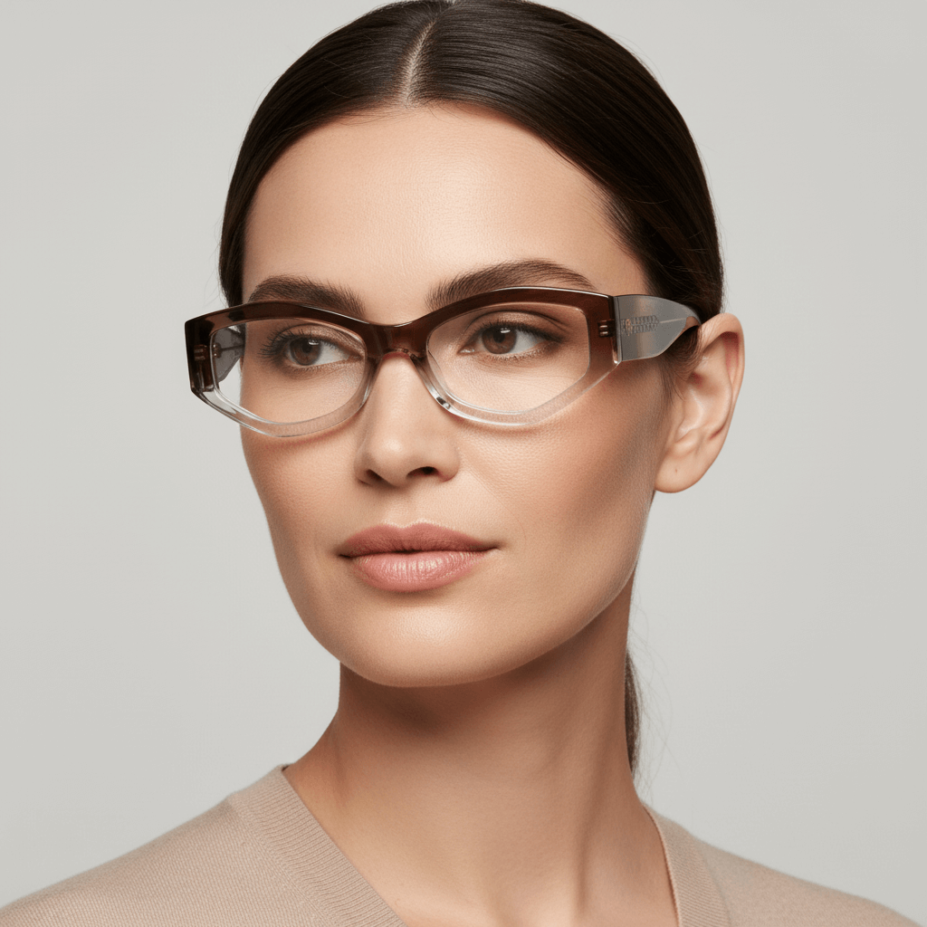La side view a women cara ovalada and pelo tomado in primer plano wearing frames optical frames the marca bonoboss in sustainable acetate biodegradable recycled forma geometrica #color_honey-crystal