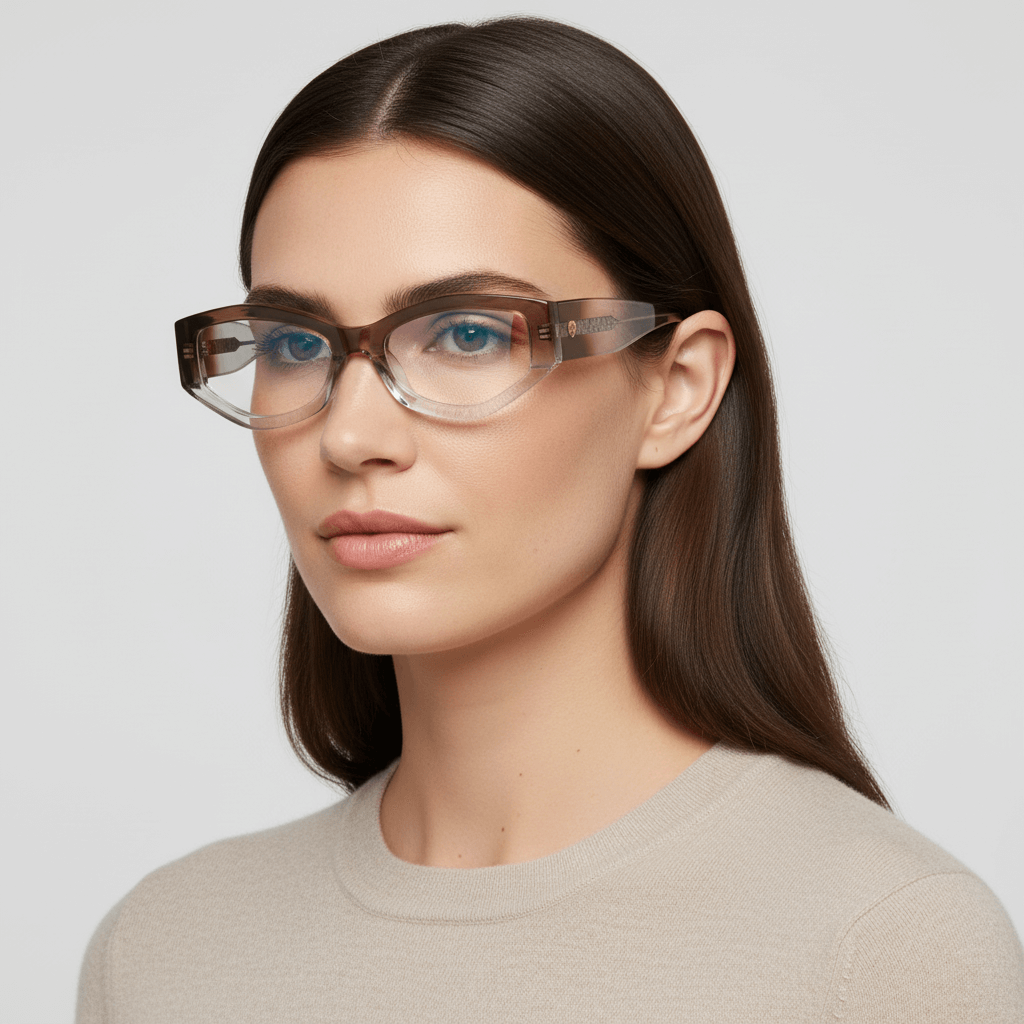 La side view a women cara ovalada and pelo suelto in primer plano wearing frames optical frames the marca bonoboss in sustainable acetate biodegradable recycled forma geometrica #color_honey-crystal