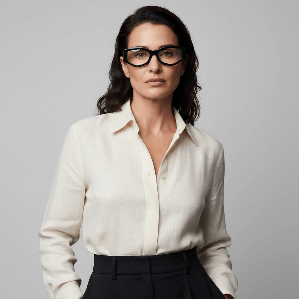 La front view a women cara ovalada and pelo suelto cuerpo completo frames optical frames the marca bonoboss in sustainable acetate biodegradable recycled forma geometrica #color_negro