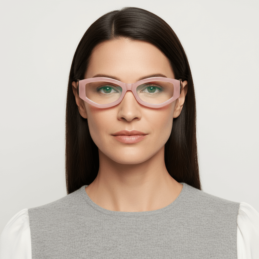 La front view a women cara ovalada wearing frames optical frames the marca bonoboss in sustainable acetate biodegradable recycled forma geometrica #color_pink