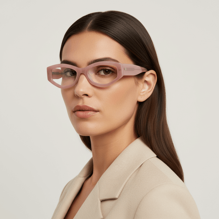 La side view a women cara ovalada wearing frames optical frames the marca bonoboss in sustainable acetate biodegradable recycled forma geometrica #color_pink