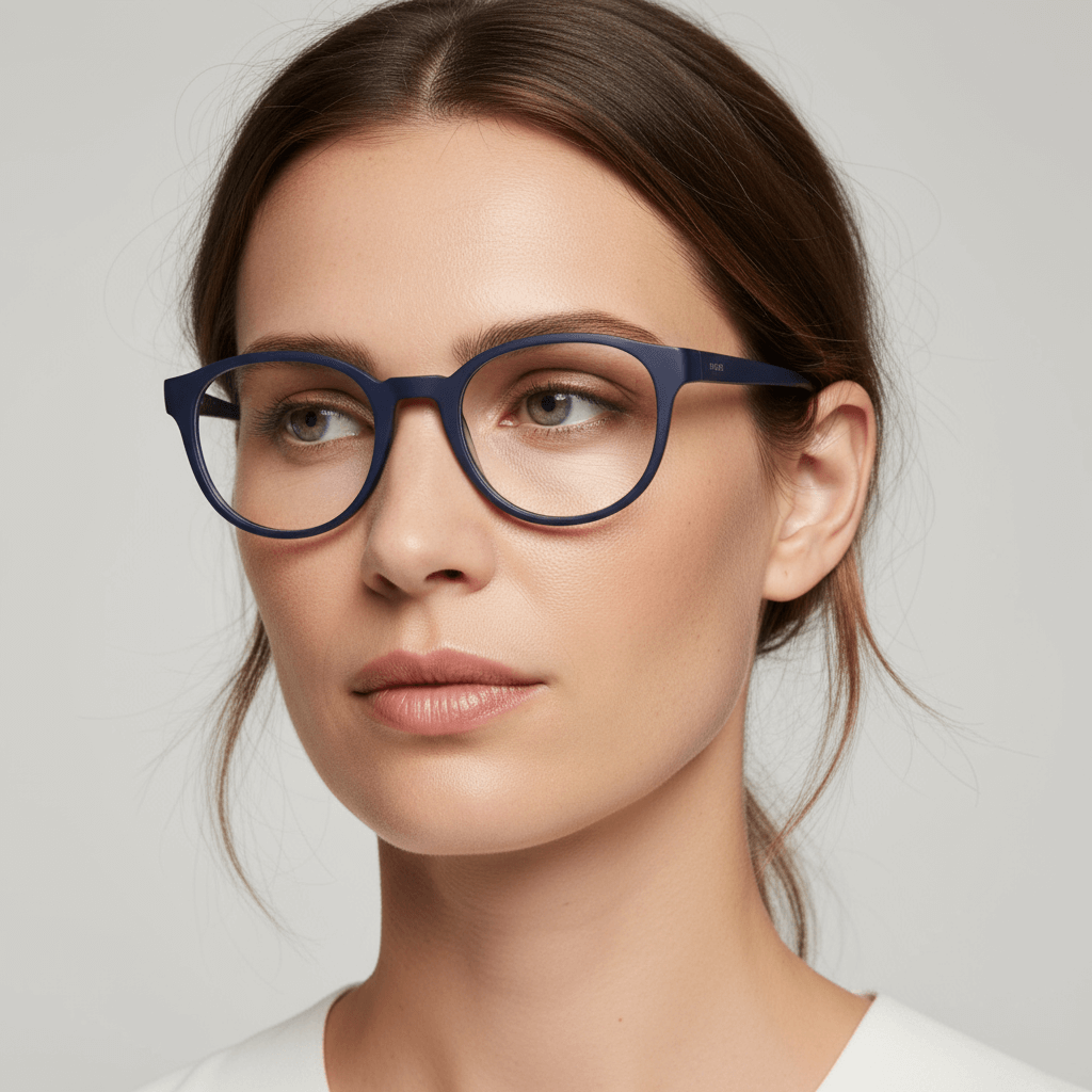 La angled view a women wearing eyeglasses optical frames prescription tamaño large oversized blue. bonoboss mayorista and optical distributor #color_azul