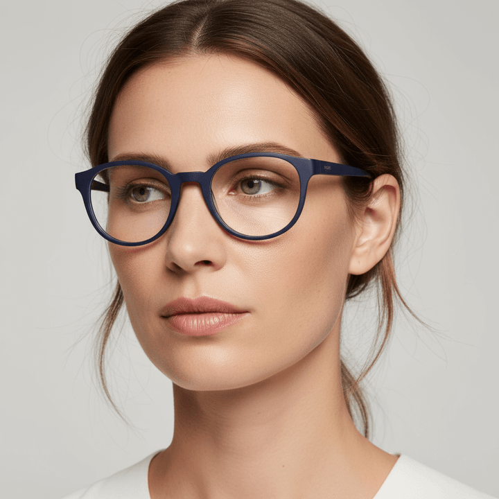 La angled view a women wearing eyeglasses optical frames prescription tamaño large oversized blue. bonoboss mayorista and optical distributor #color_azul