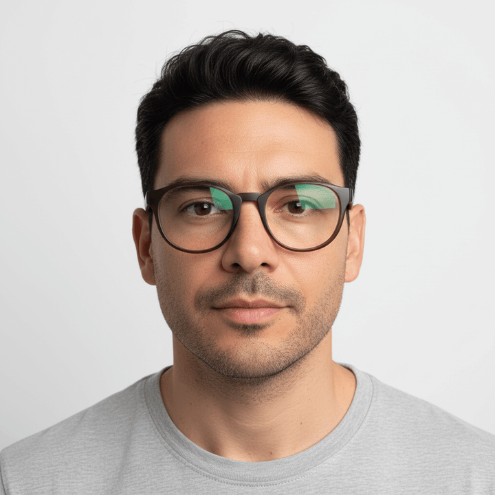 La front view a men peinado pelo oscuro wearing eyeglasses optical frames prescription tamaño large oversized brown. bonoboss mayorista and optical distributor #color_brown